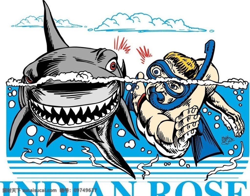 卡通鲨鱼 卡通动物 字母印花 欧美时尚 运动图案 其他设计 矢量