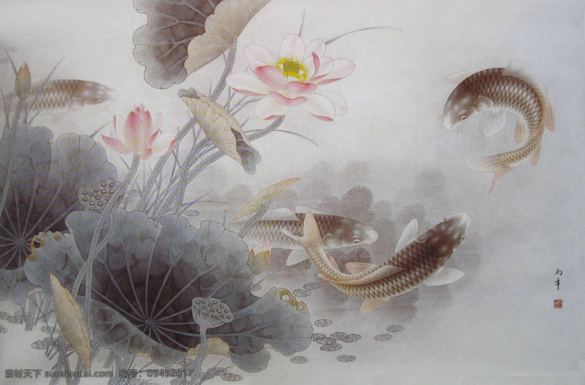 工笔荷花 工笔画 国画 中国画 工笔彩墨画 彩墨工笔画 大师作品 风景画 荷花 植物 荷叶 池塘 鲤鱼 动物 莲藕 绘画书法 文化艺术