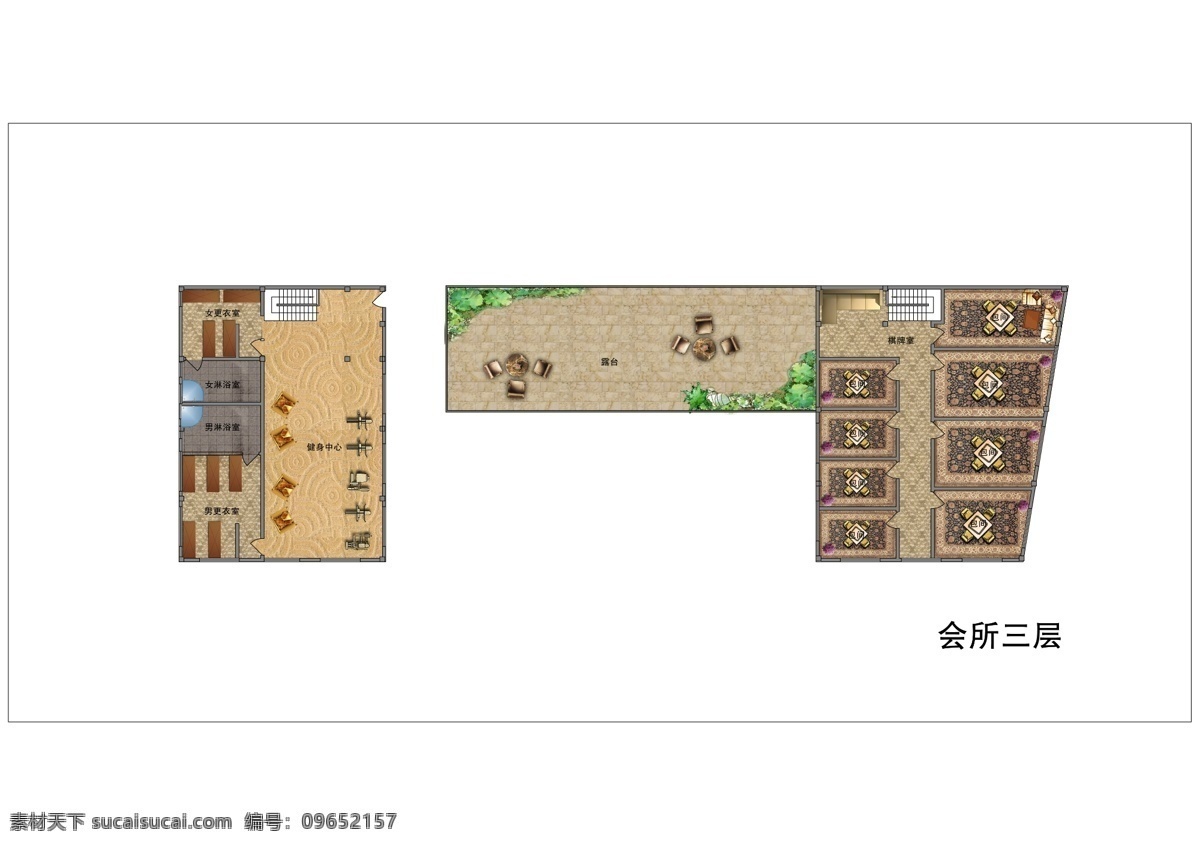 健身房 会所 平面设计图 户型彩平 分层 源文件