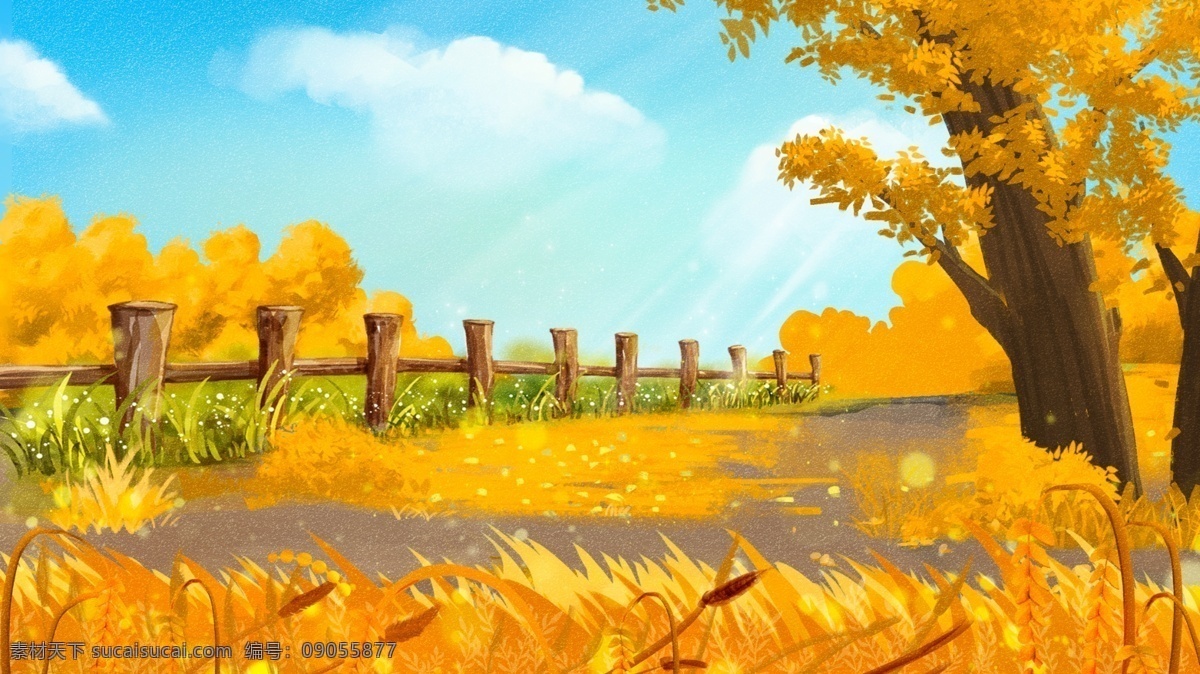 唯美 小 清新 黄色 金色 十月 你好 金秋 插画 小清新 十月你好 树 田园