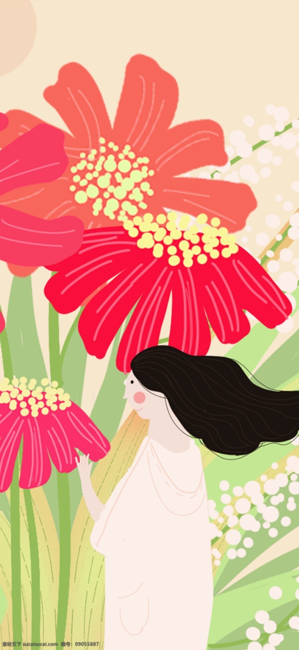 秋分 节气 女孩 花朵 插画 二十四节气 花卉 节气插画