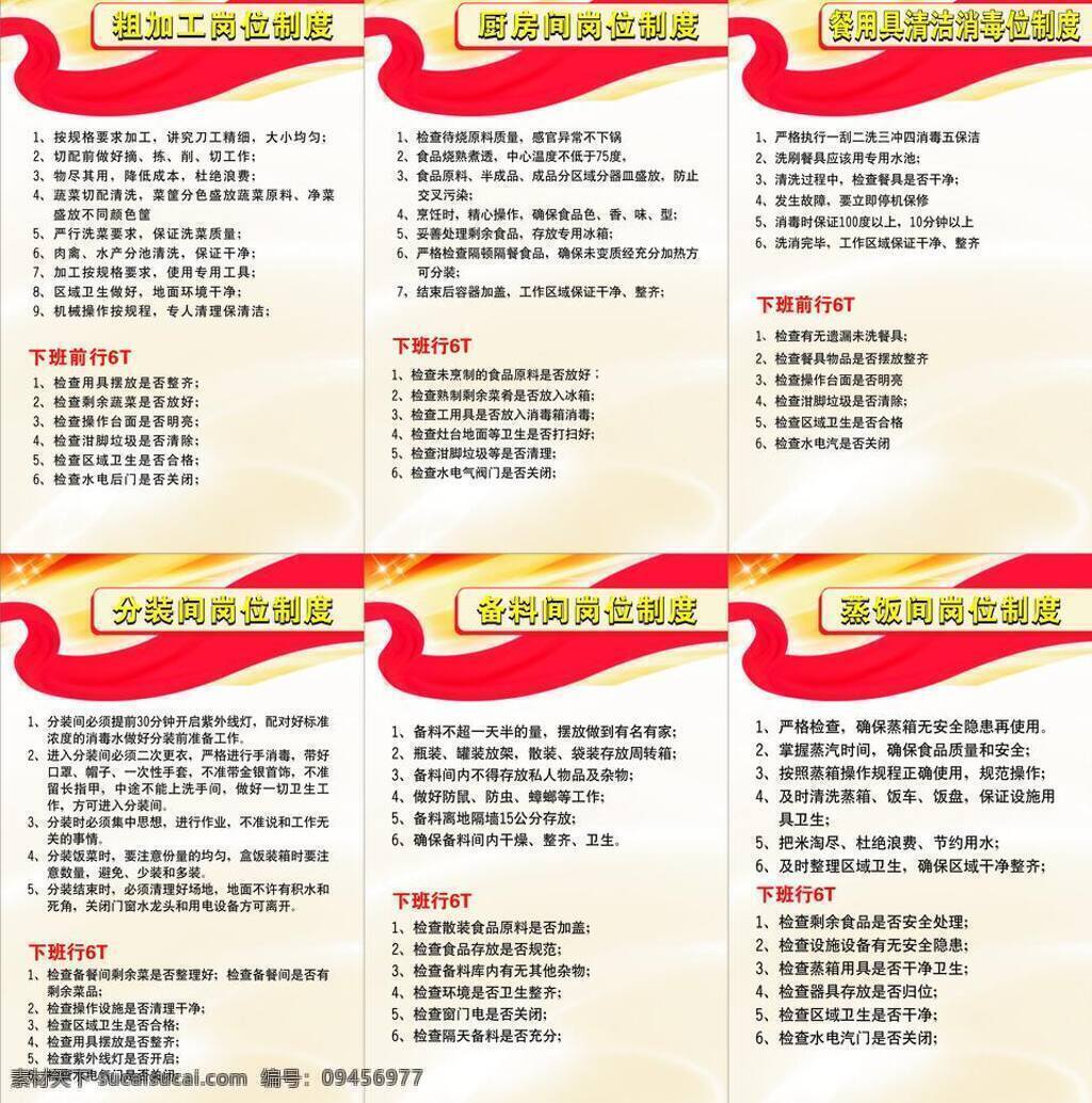 餐具 厨房 服务 岗位 工作制度 红飘带 加工 清洁 岗位制度 制度 6t 蒸饭间 分装间 下班 展板模板 矢量 其他展板设计