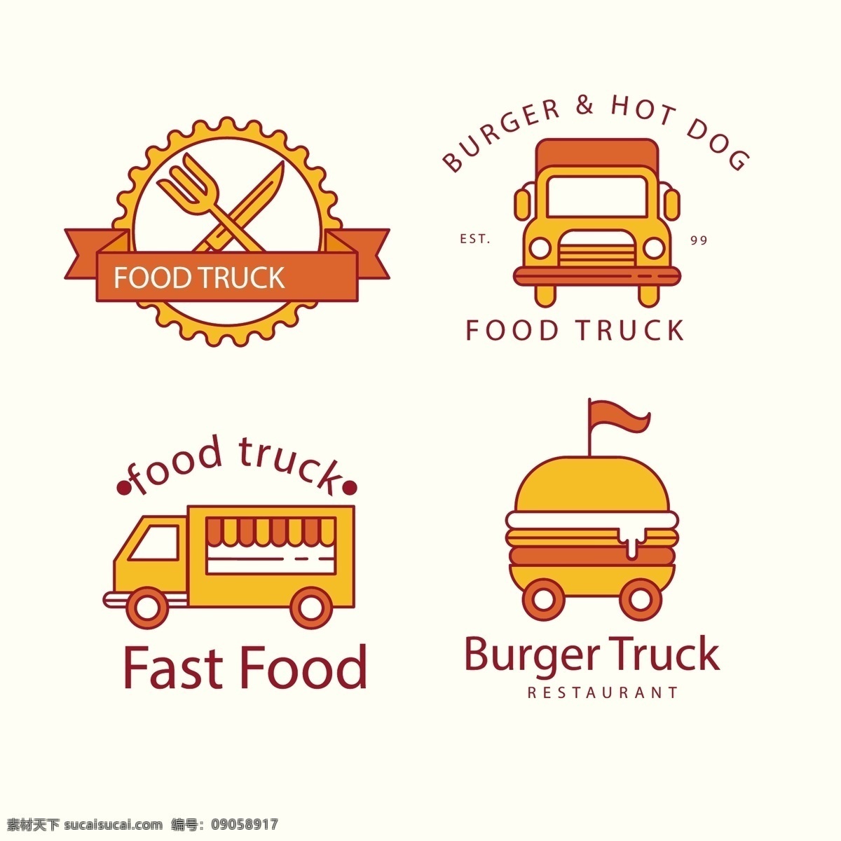 现代 食品 卡车 标志 卡通 餐厅 汉堡 刀叉