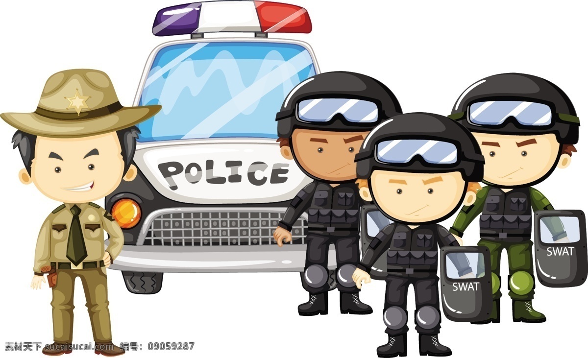 卡通警察 警卫 协警 交管 卡通 防爆警察 警车 保卫 安全 安全员 矢量人物 卡通设计