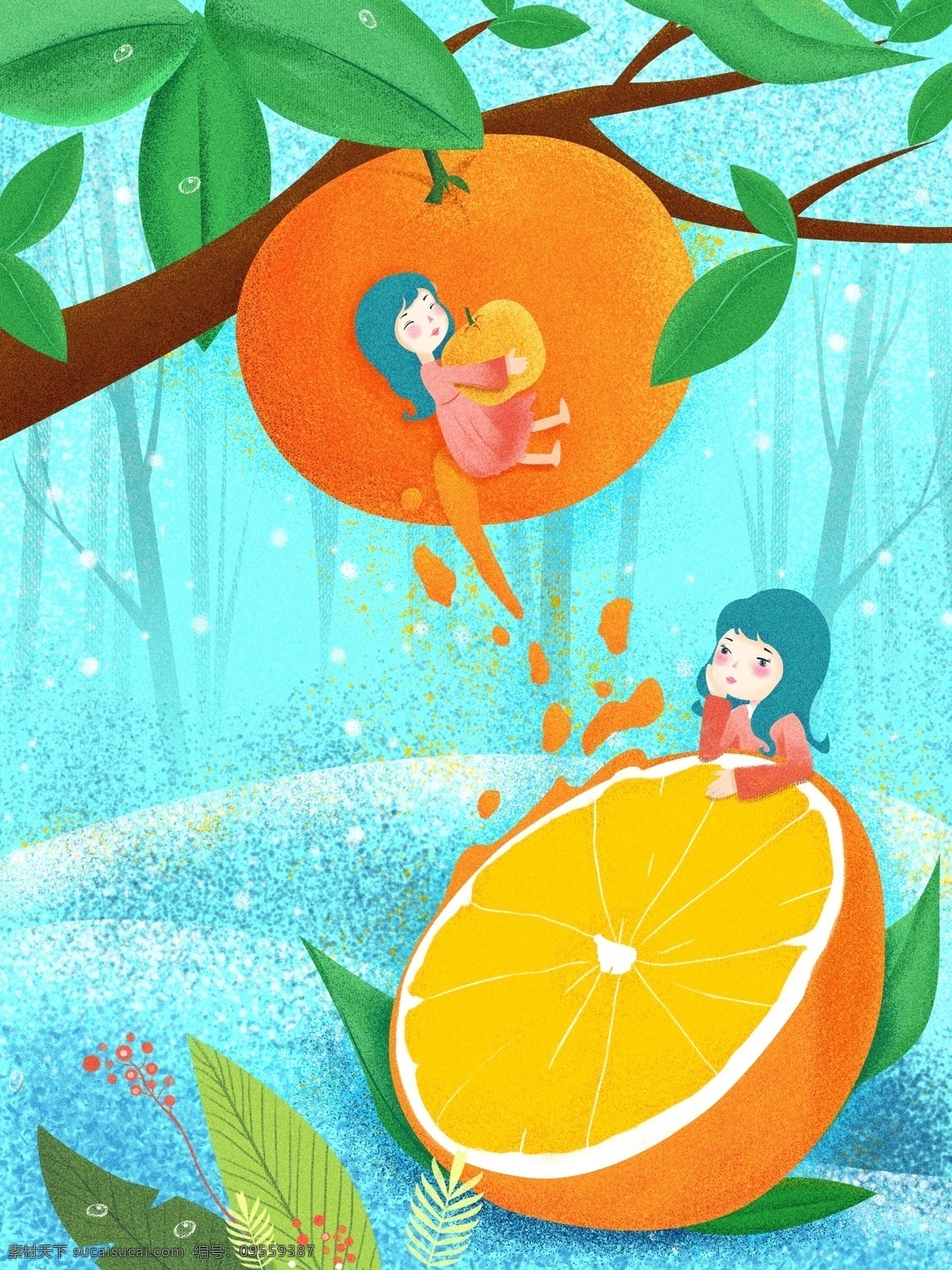 噪 点 肌理 创意 水果 插画 橙子 爱恋 创意水果 小清新 甜橙 女孩儿 爱 吃 女孩 噪点插画