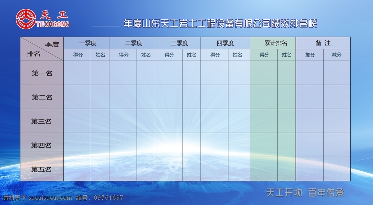 绩效考核表 绩效考核 蓝色 展板 天工 季度考核 地球 表格