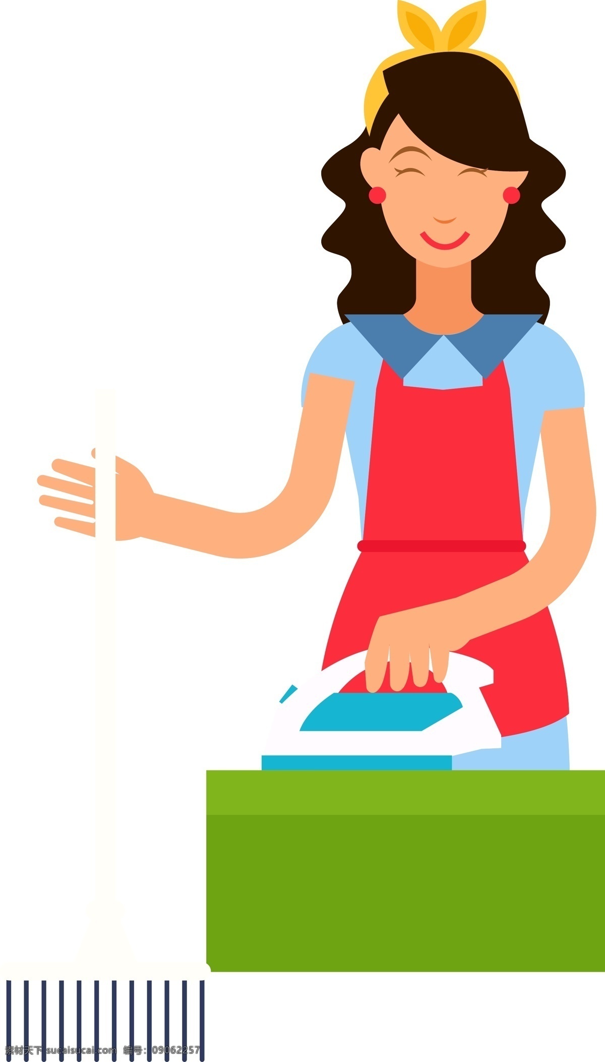 卡通 矢量 正在 打扫 卫生 家庭妇女 扫地 妈妈 家庭主妇 熨衣服 熨斗 家务 繁忙 围裙 扫帚 劳动 免 抠