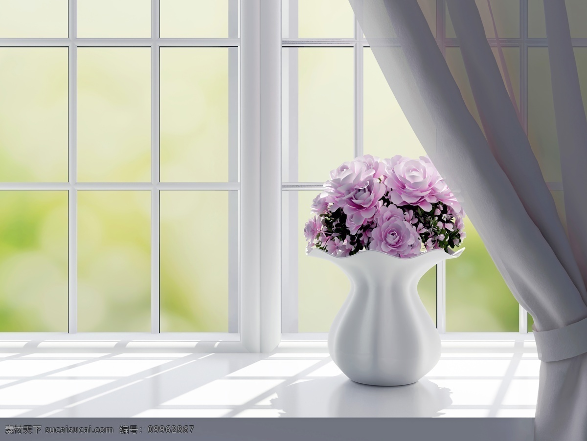 放在 窗台 上 花瓶 鲜花 花朵 花卉 植物 窗户 窗帘 生物世界 花草
