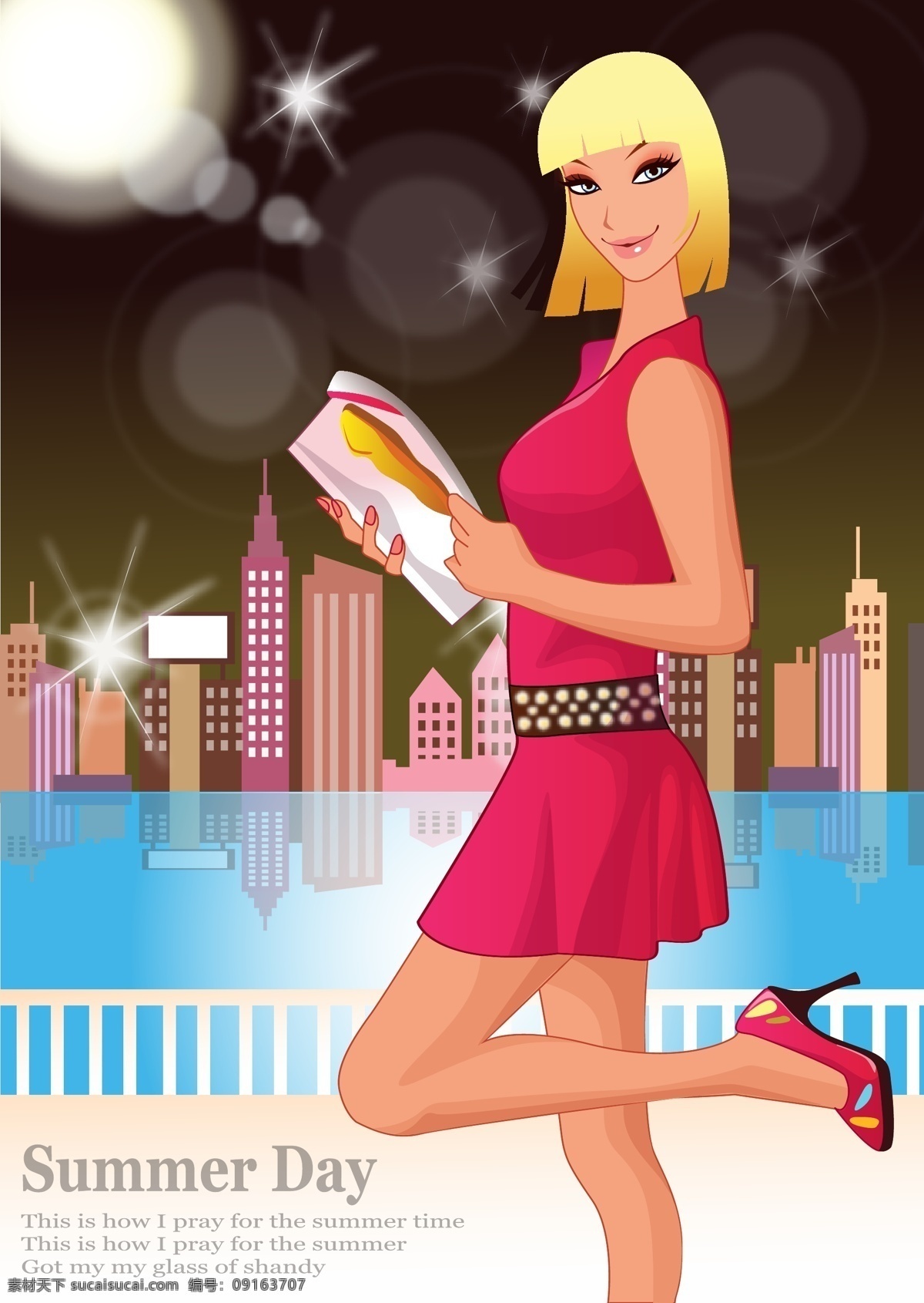 都市 女性 夜景 插画 建筑 卡通儿童画 美女 矢量 矢量图 其他矢量图