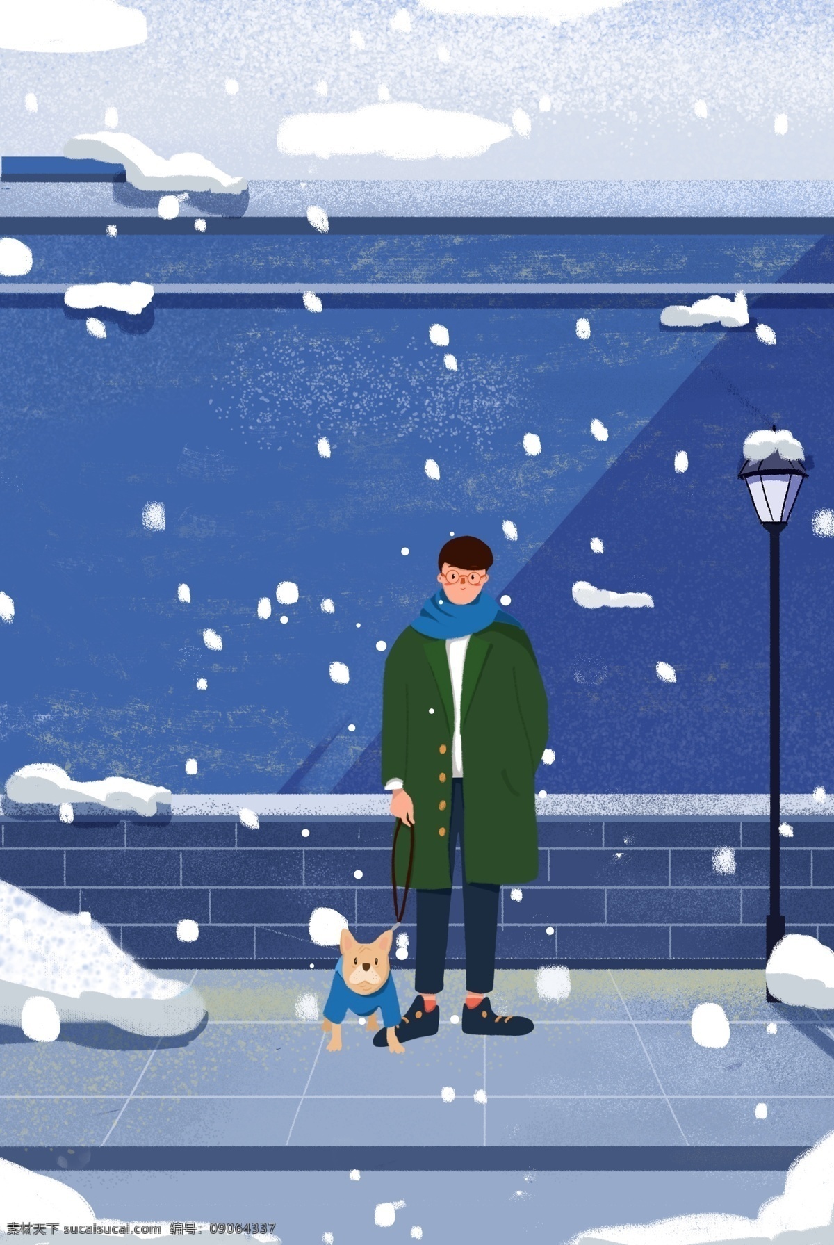 冬日 夜晚 街道 时尚 男孩 服装 促销 海报 冬天 下雪 动物 路灯 插画风 促销海报