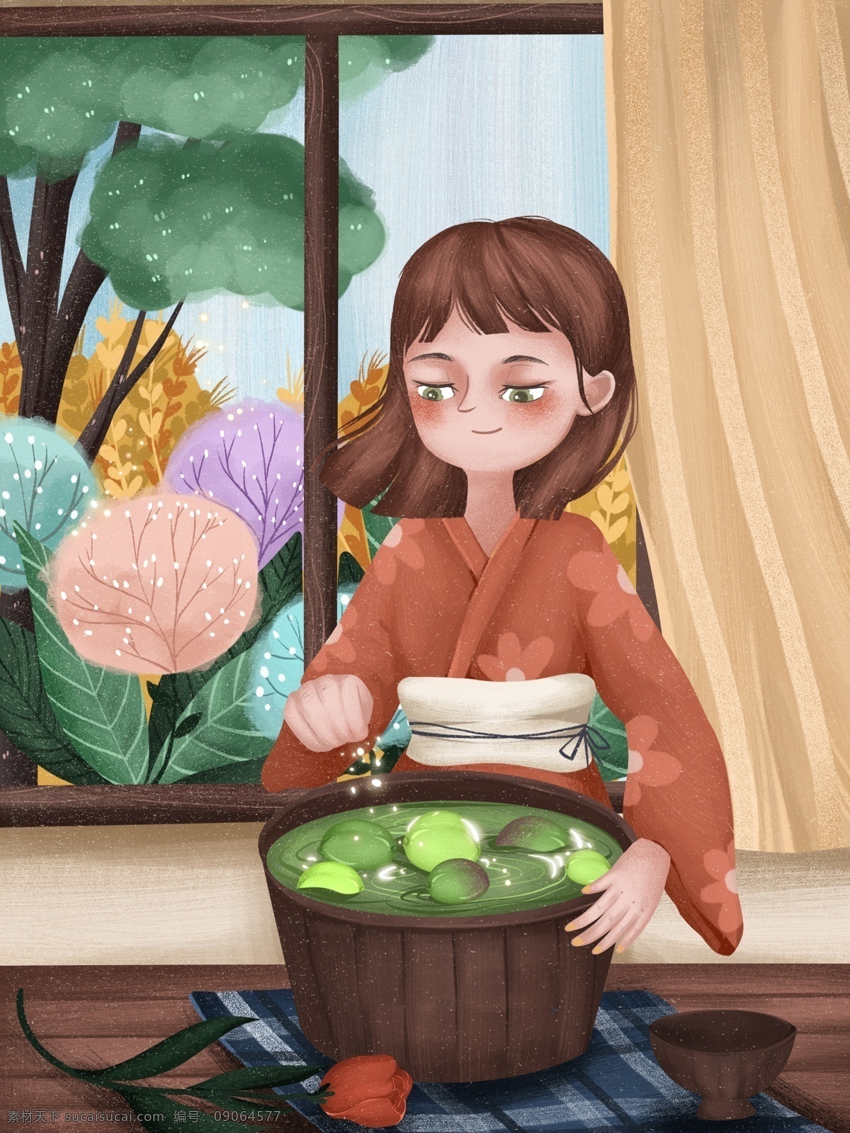 芒种 女孩 在家 煮 青梅 酒 温馨 可爱 插画 青梅酒 花卉 植物 节气