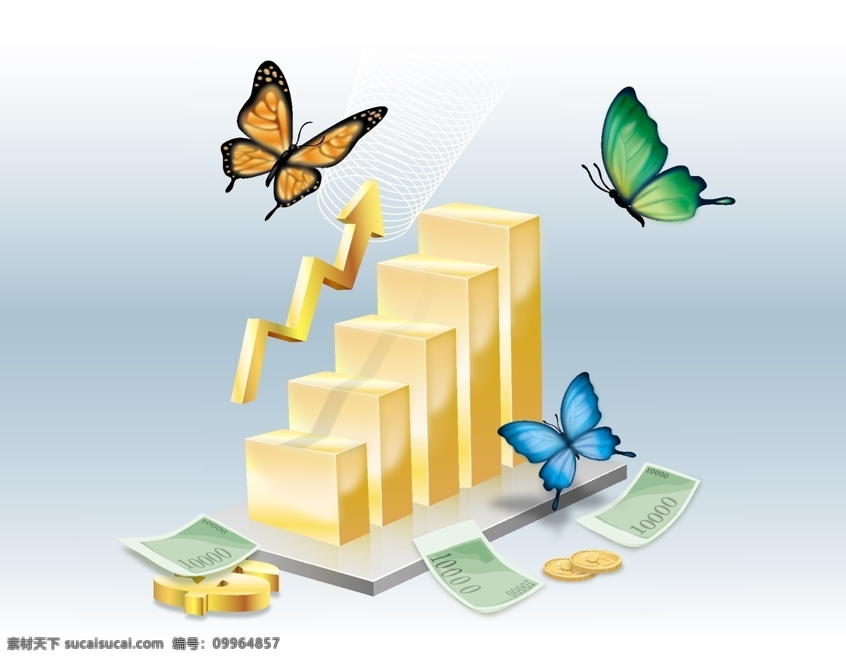 商务 插画 钞票 蝴蝶 金币 金色箭头 钱 长方形走势图 矢量图 商务金融