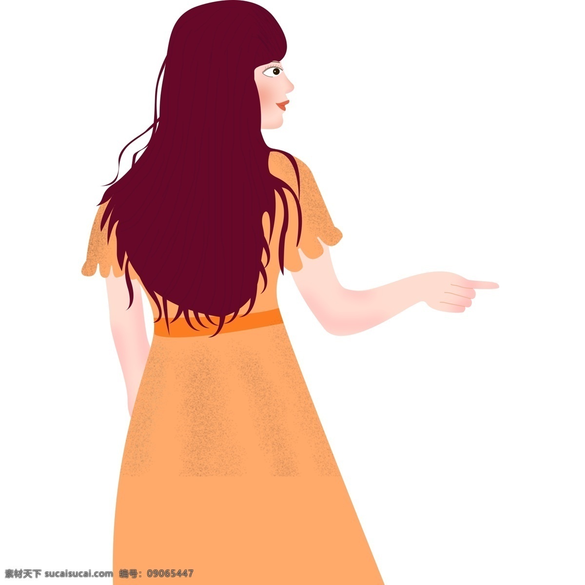 波浪 美丽 长发 少女 装饰 元素 女性 长裙 橙色裙子 手绘 装饰元素