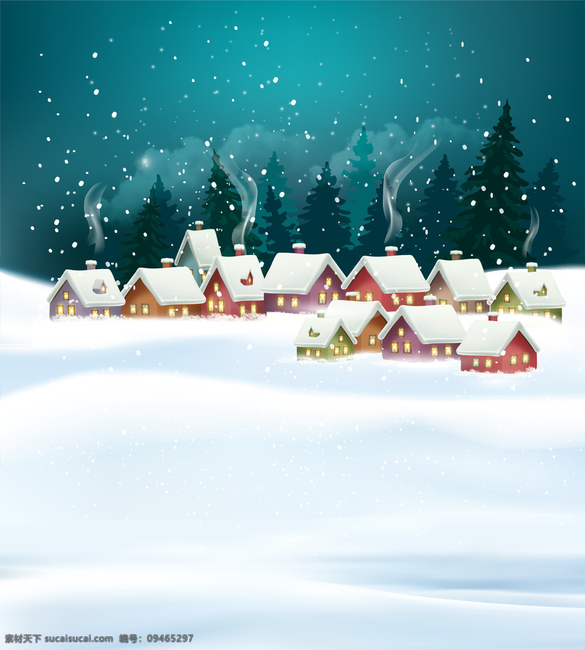 蓝色 浪漫 冬季 背景 村庄 积雪 卡通 圣诞 圣诞节 手绘 树木 雪花