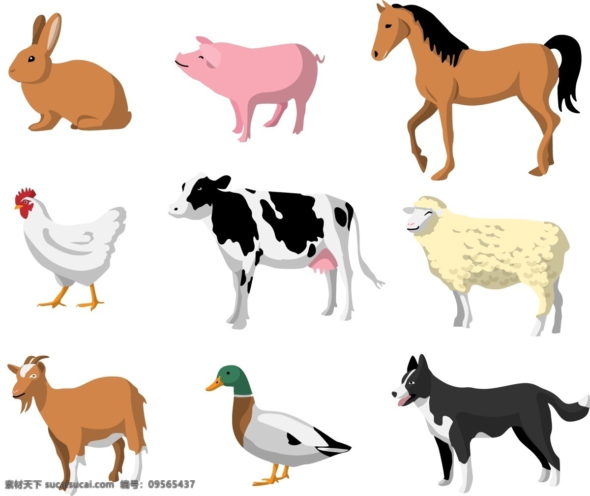 扁平 卡通 动物 元素 卡通动物 兔子 鸡 猪 马 奶牛 鸭 羊子