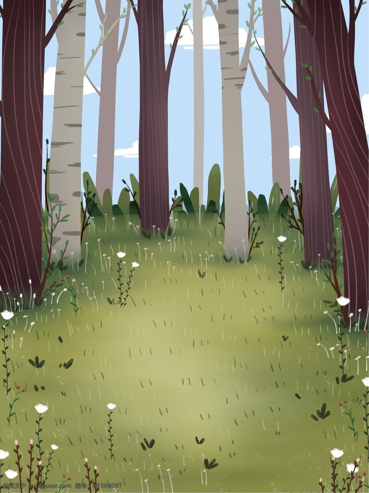 手绘 卡通 插画 树林 背景 绿色背景 插画背景 植物背景 唯美 蓝天白云 治愈系背景 树林背景