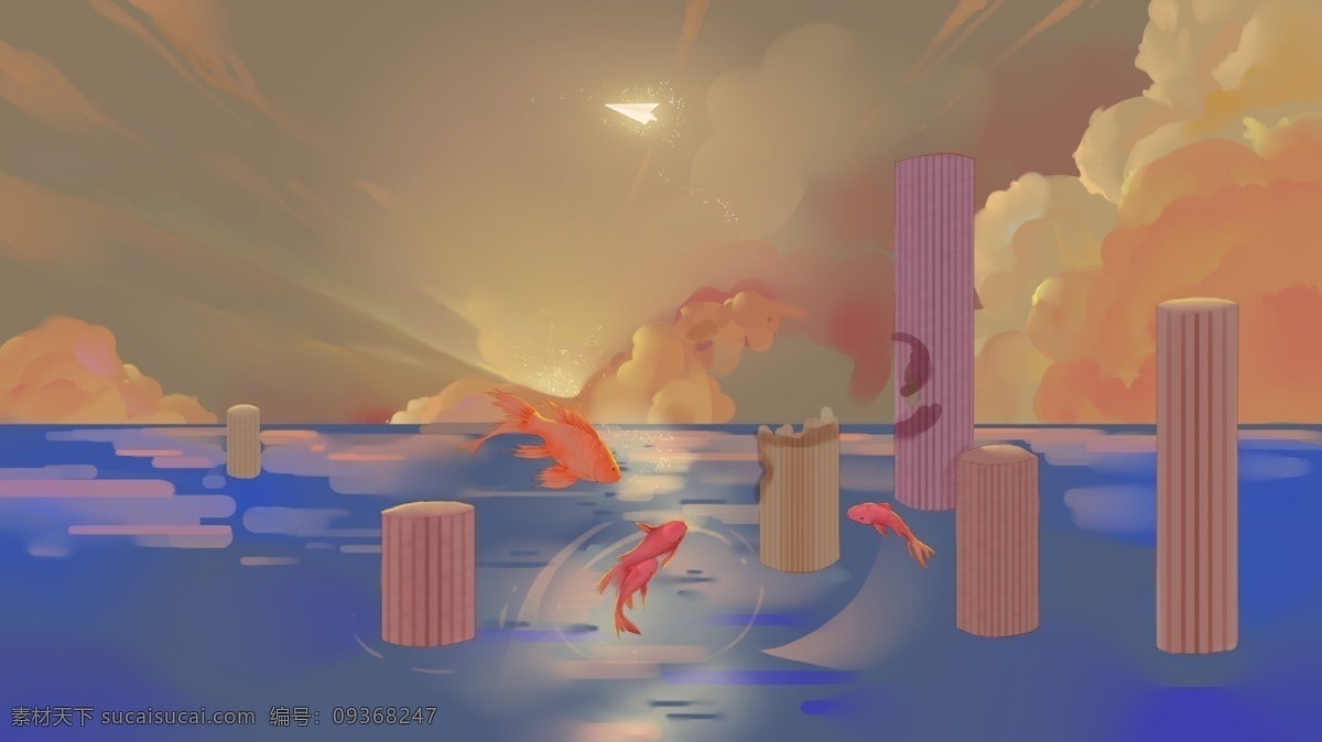 手绘 梦幻 海上 跃鱼 背景 金鱼 大海 彩绘 海洋 手绘背景 促销背景 背景展板图 背景图