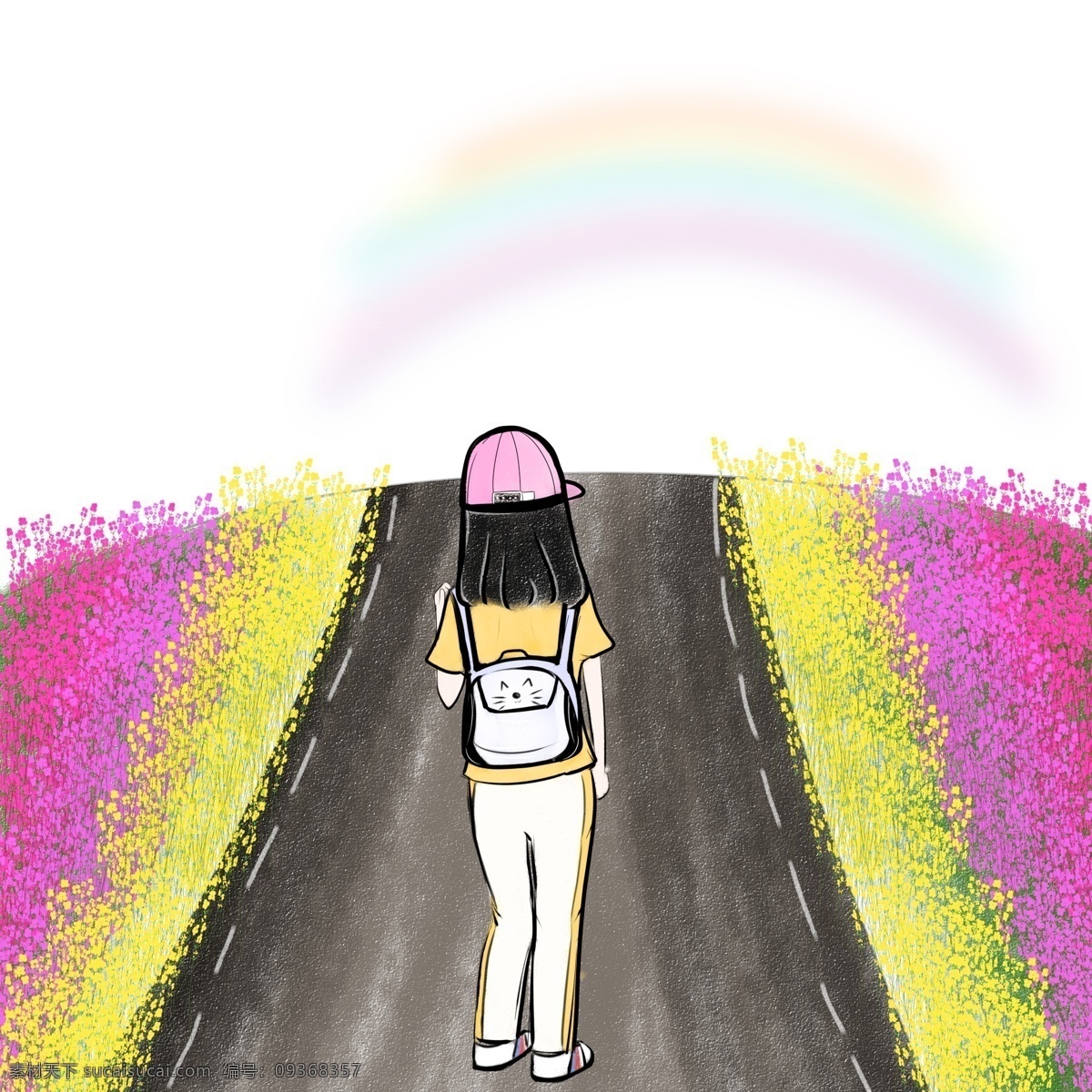 手绘 夏季 背包 小女孩 背包小女孩 路上 女孩 鲜花马路 彩虹