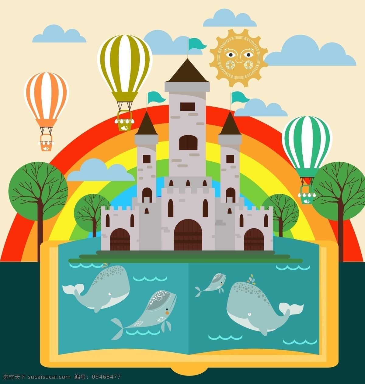 扁平化 彩虹 城堡 插画 扁平化插画 海豚 鲸鱼 热气球 儿童插画 矢量素材 太阳 树木