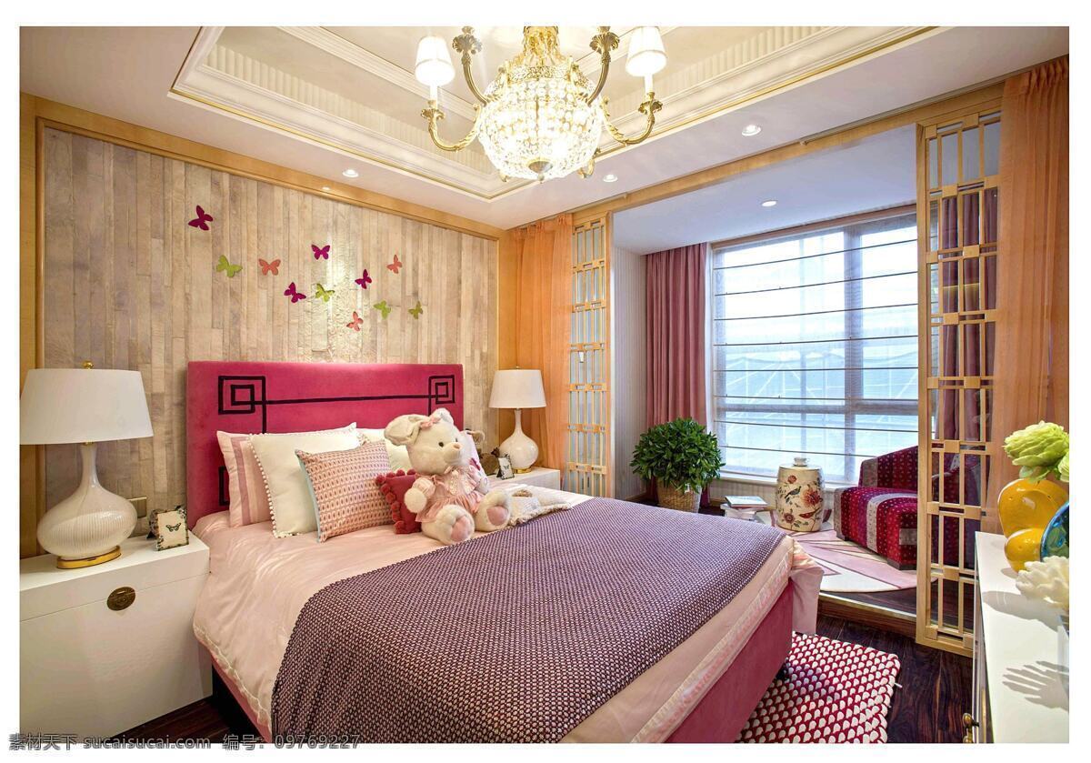 简约 卧室 粉色 调 水晶灯 效果图 方形吊顶 射灯 灰色窗帘 床铺 台灯