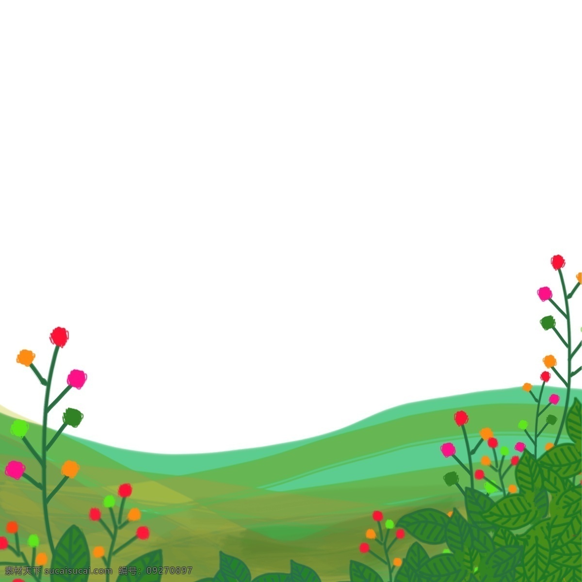 前景 花 树叶 山坡 手绘 插画 绿色 彩色 田野 野外 春天 夏天 郊游 旅游 户外 卡通