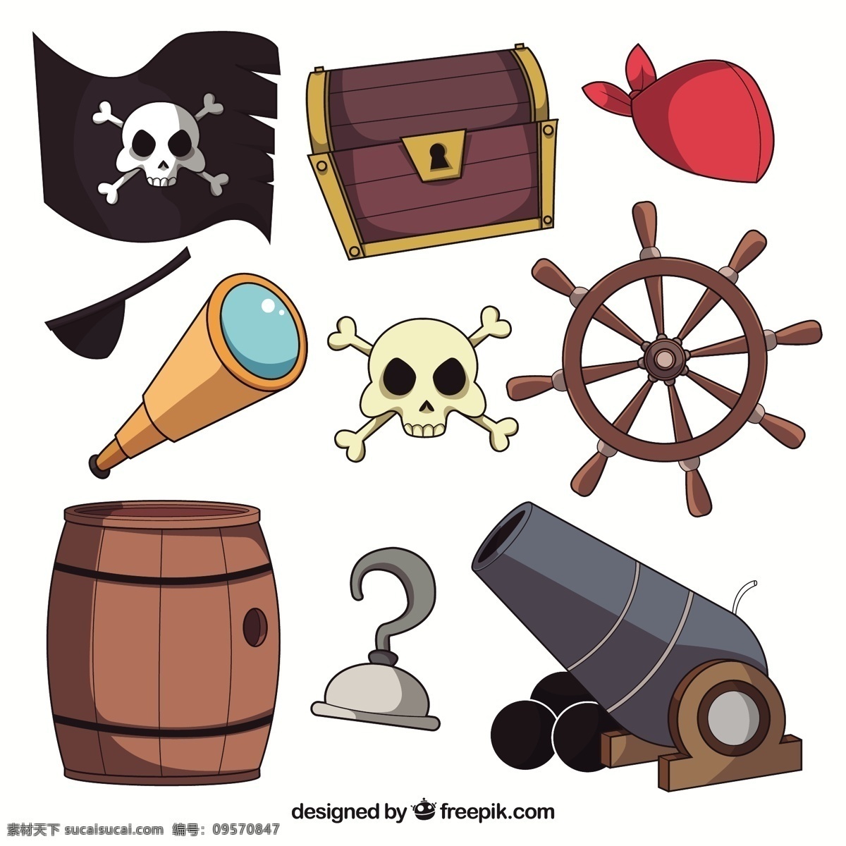 各种 海盗 元素 装饰 图标 插图 集合 海盗元素 海盗插图 海盗帽 指南针 望远镜 大炮 海盗旗 船舵 宝物箱 船锚 骷髅图