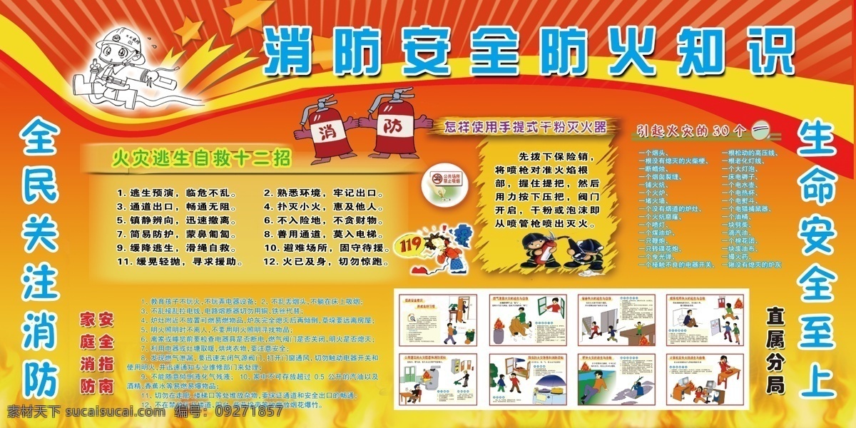 消防安全 消防安全展板 宣传 展板 全民关注消防 生命安全至上 家庭消防知识 火灾逃生知识 火灾逃生漫画 消防漫画 引起 火灾 三 十 灭火器 使用方法 展板模板 广告设计模板 源文件