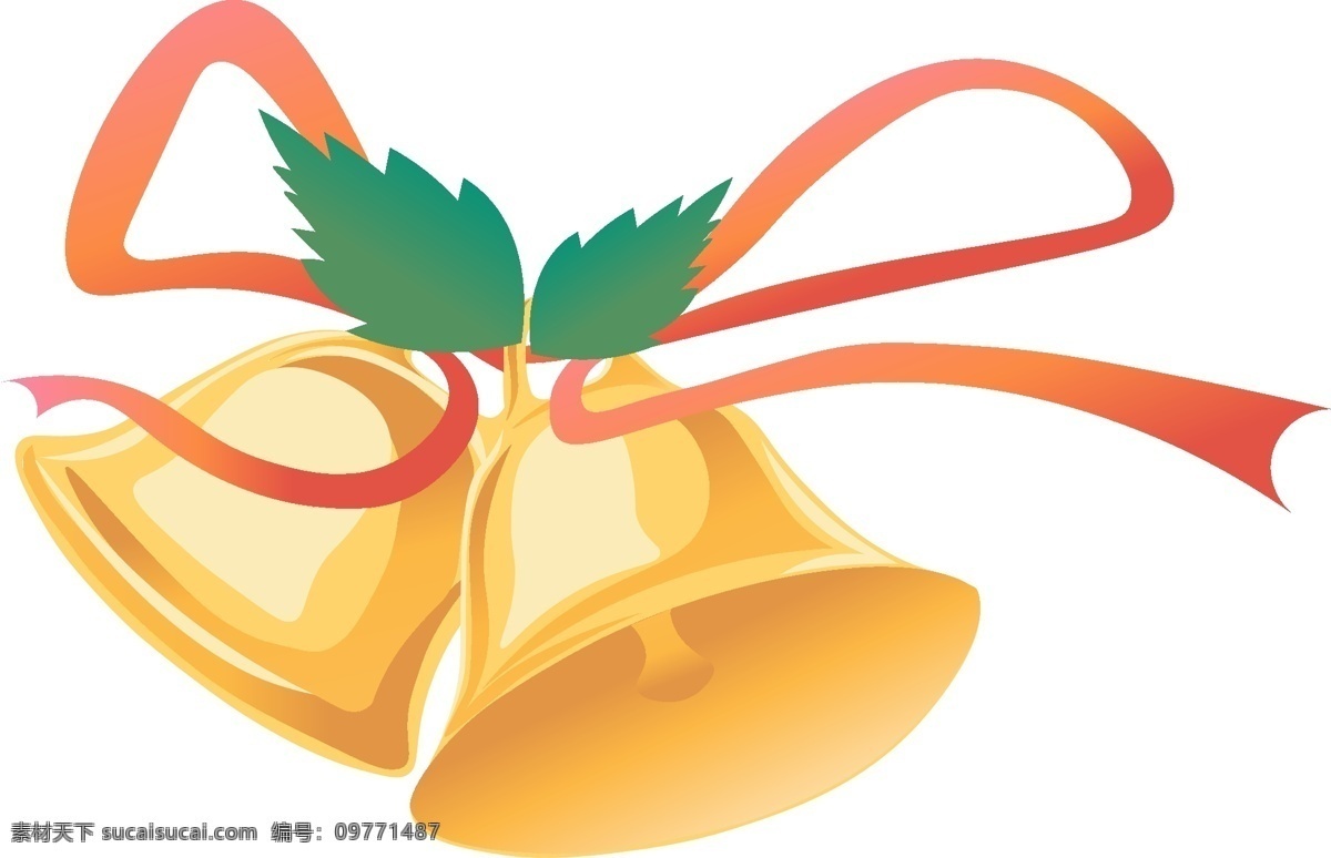 圣诞 铃铛 彩带 树叶 元素 黄色 红色 绿色 圣诞树