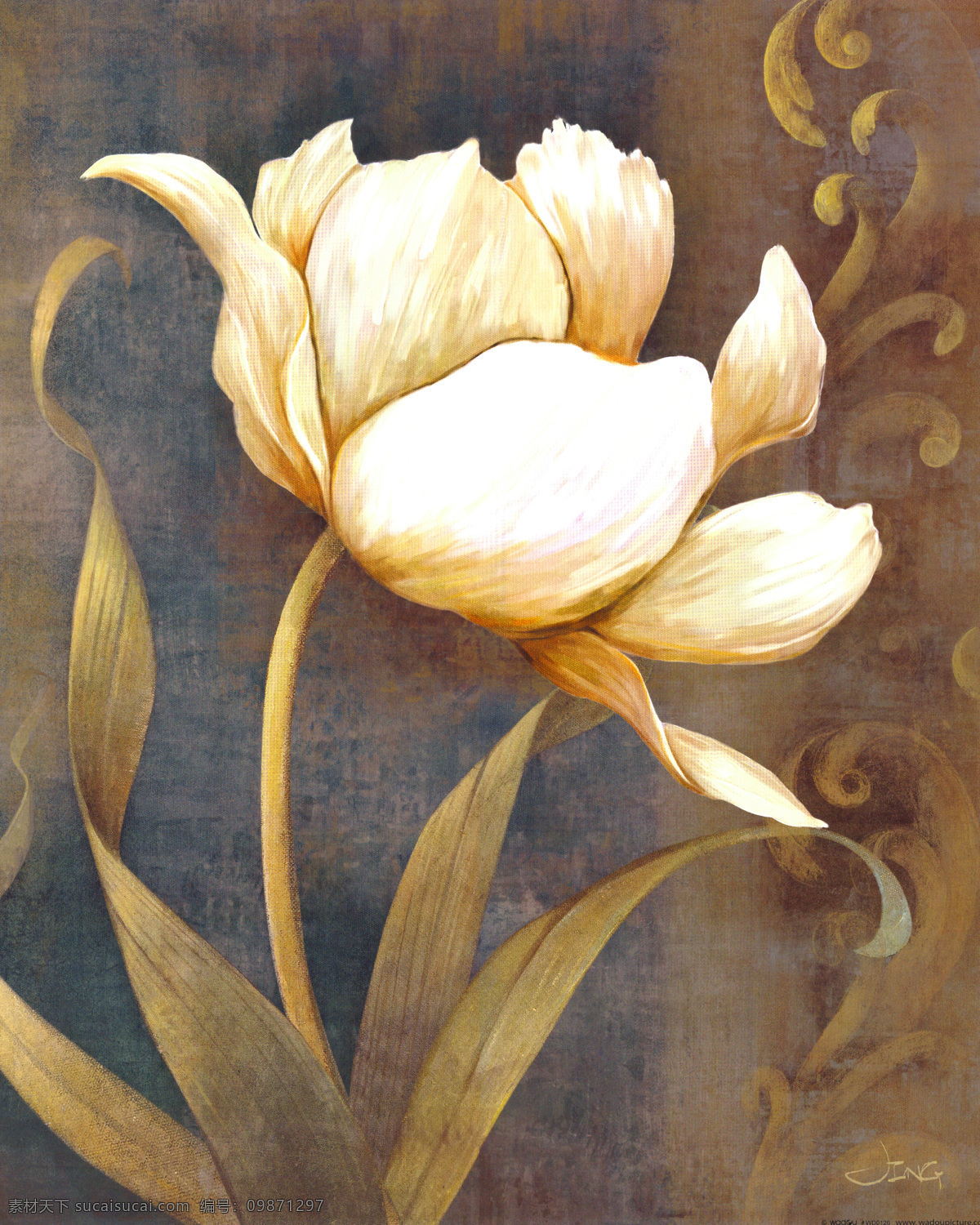 白色 花朵 油画 白色的花 花卉油画 长叶子 复古油画 文化艺术 绘画书法