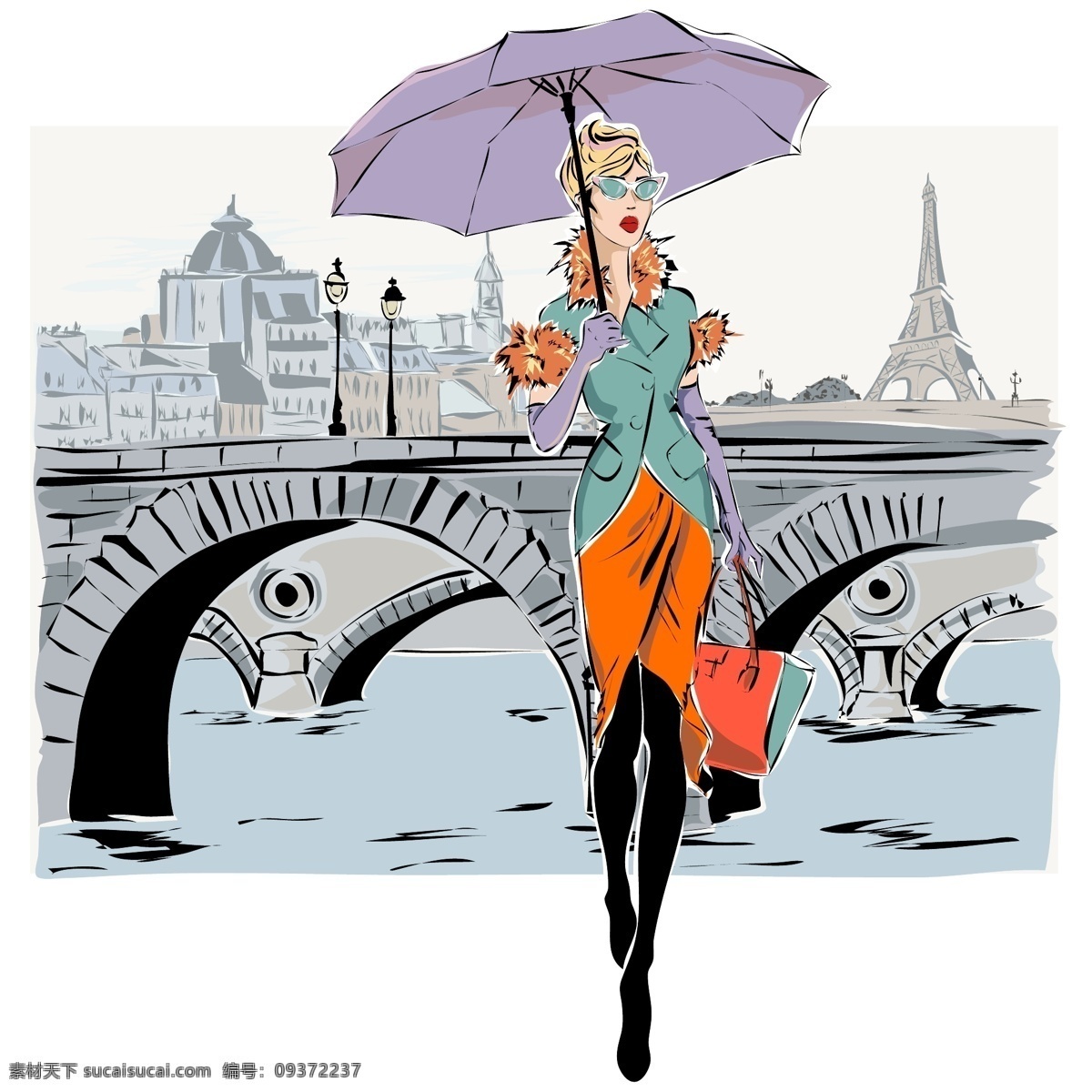 巴黎 旅游购物 美女 插画 巴黎风景 打伞的美女 时尚女性 卡通美女漫画 矢量美女插画 女性插图 卡通人物漫画 城市风景插画 女性女人 矢量人物 矢量素材