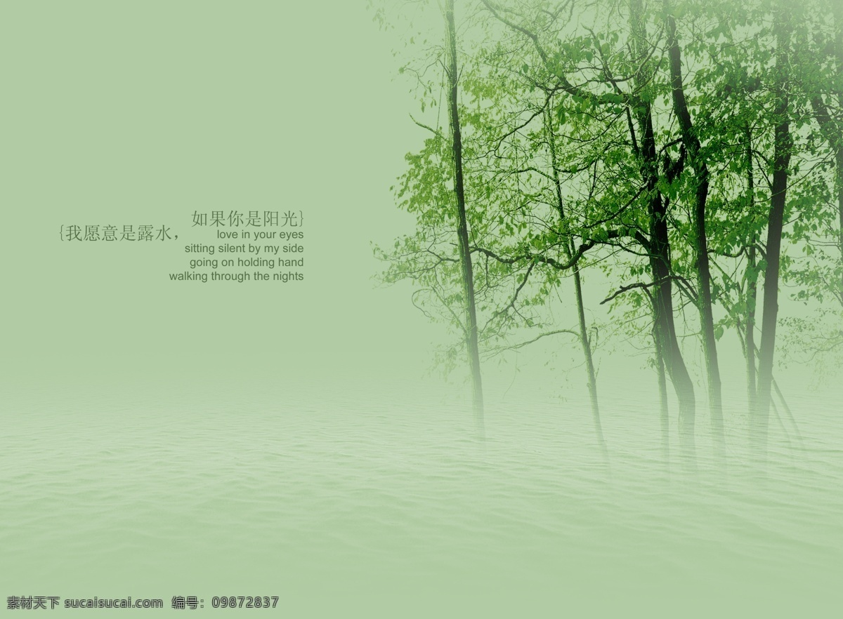 中国 风 背景 模板 明月 寄 相思 篇 树林 绿叶 枝干 水面 水波 朦胧美 倒影 典雅 中国风 世纪汉风 背景素材 分层 源文件