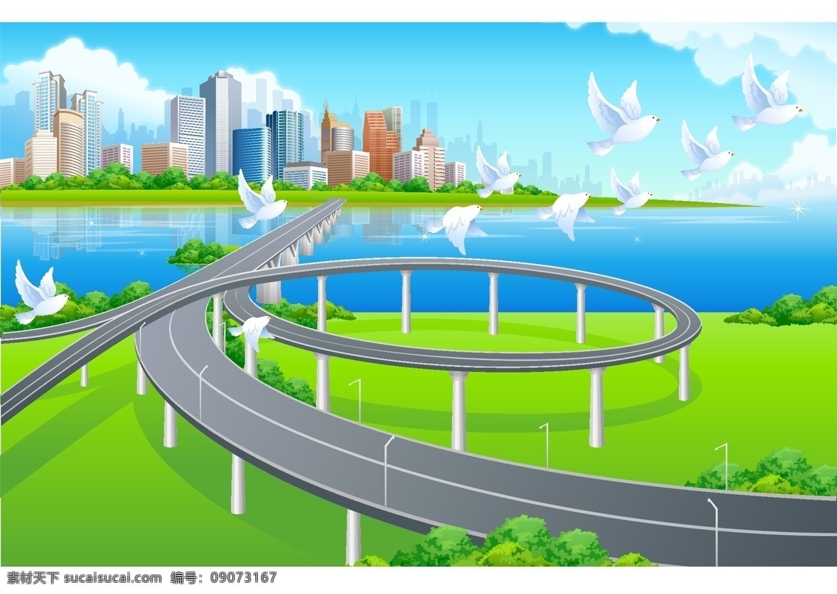 城市风光 卡通 公路 房子 蓝天 白云 矢量图 鸽子 飞机 草地 城市 大海 高楼 大厦 自然景观 自然风光