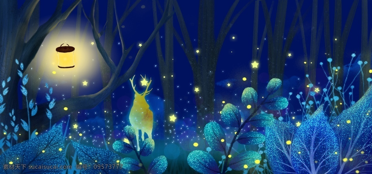 唯美 梦幻 森林 深处 鹿 banner 深夜 自然 背景 淘宝背景