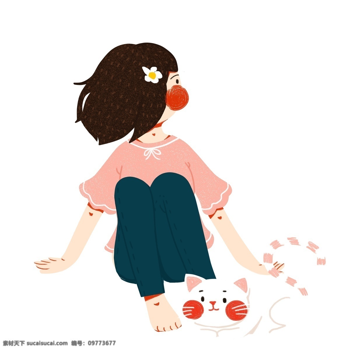 彩绘 扁平化 女孩 猫咪 插画 萌宠