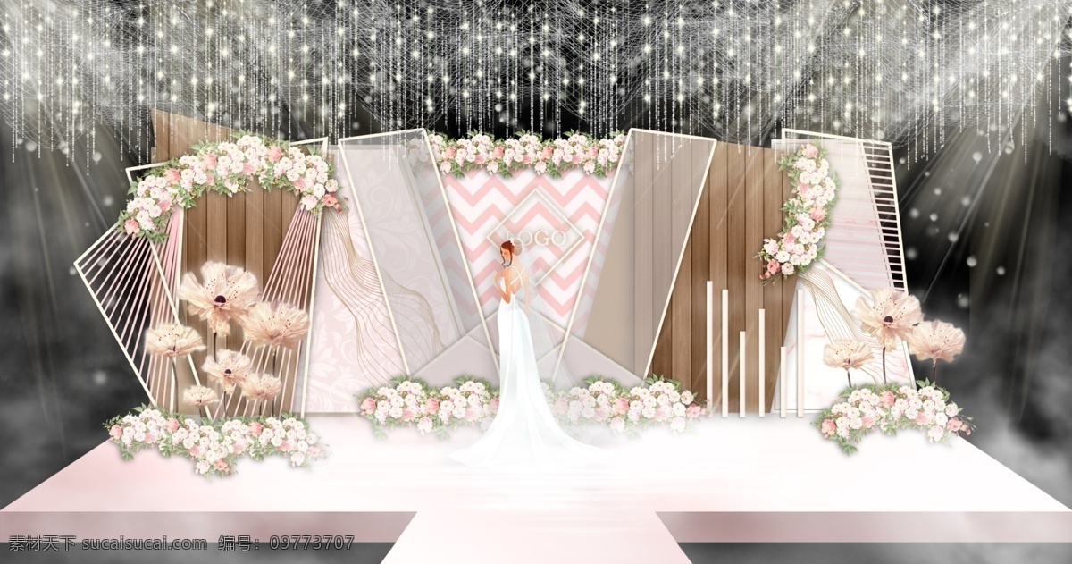 粉色 田园 婚礼 效果图 婚礼设计 鲜花 梦幻 唯美 丝带 网格吊顶 星星灯 粉色婚礼 婚礼效果图 手工花
