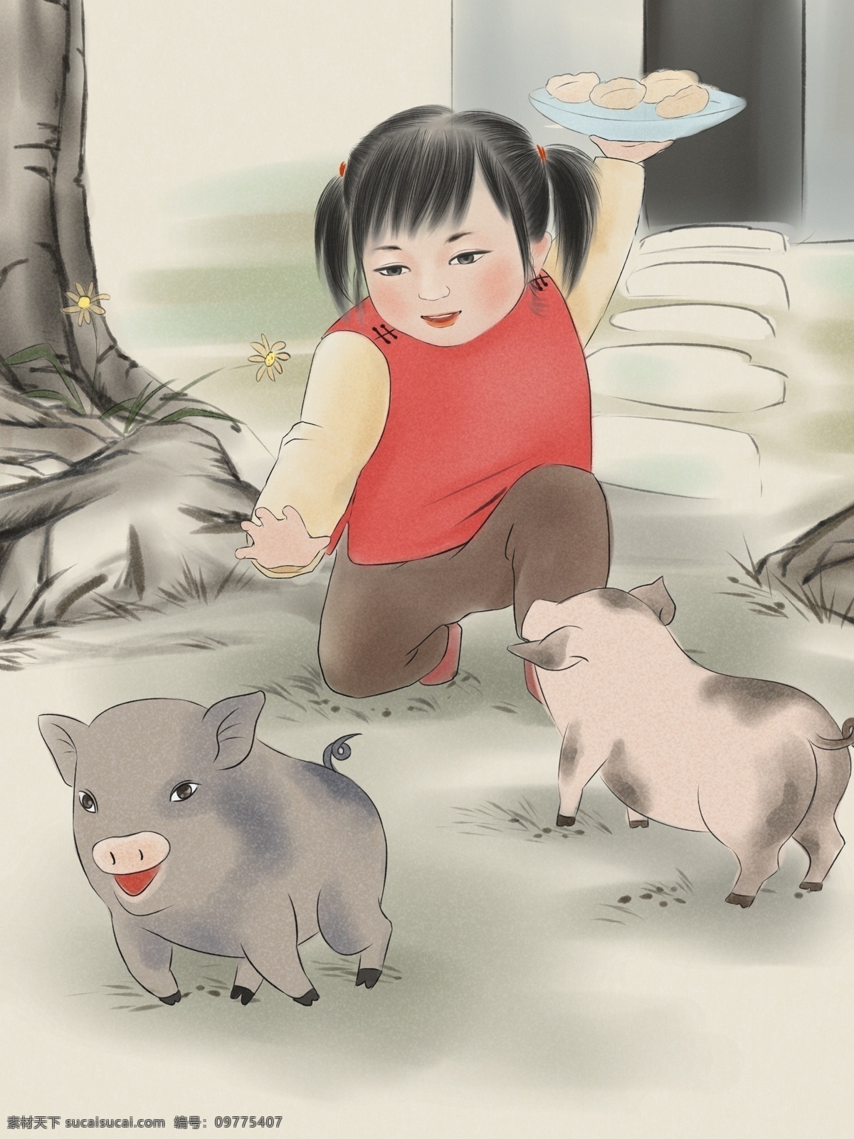 猪年 水墨 年画 猪 吃 饺子 工笔 国画 小女孩 猪猪 新年