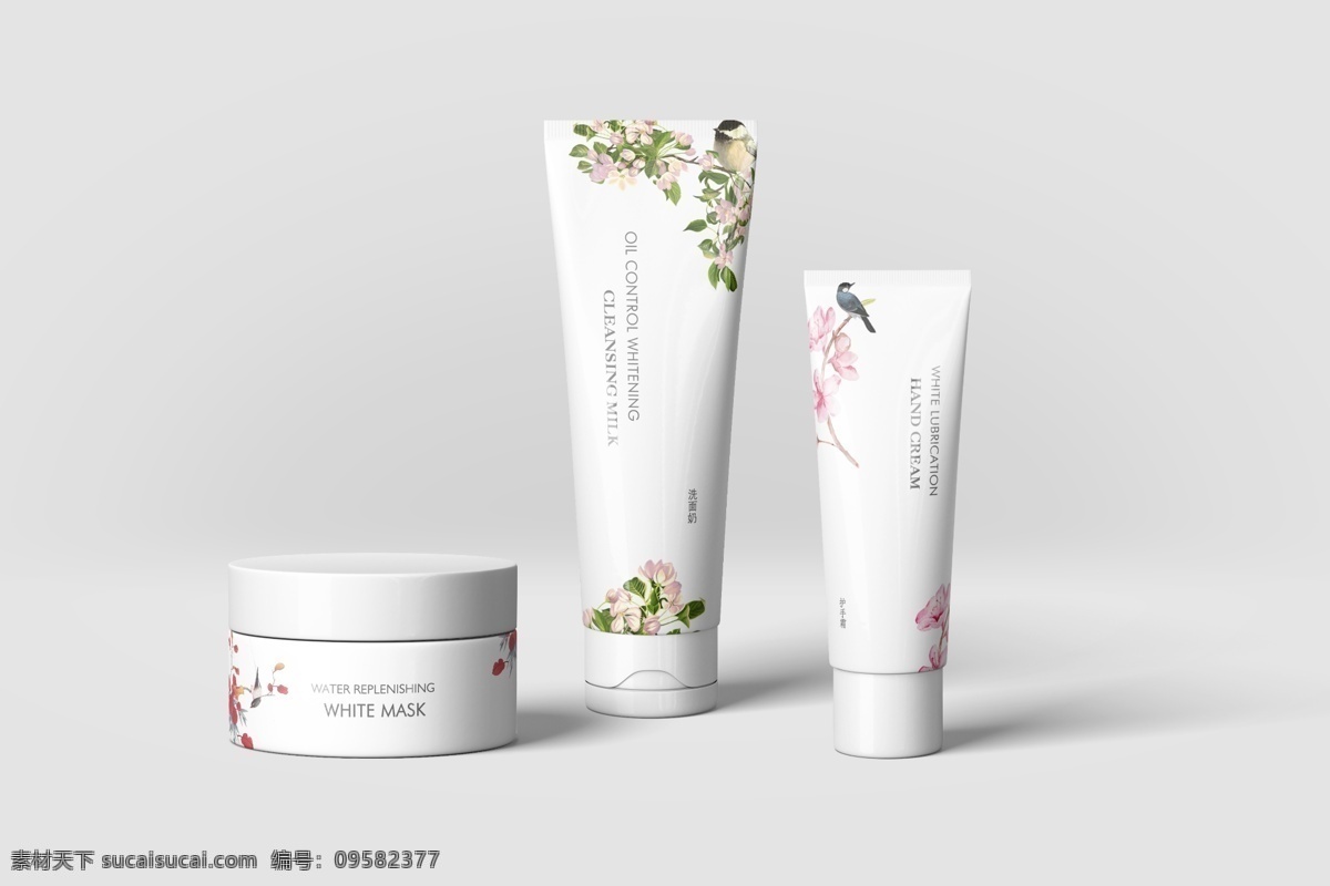 护肤用品 护肤 化妆品 包装 洗面奶 护手霜 面膜 包装设计 效果图 花 花纹 图纹 鸟 插画 瓶子 瓶子设计 矢量设计