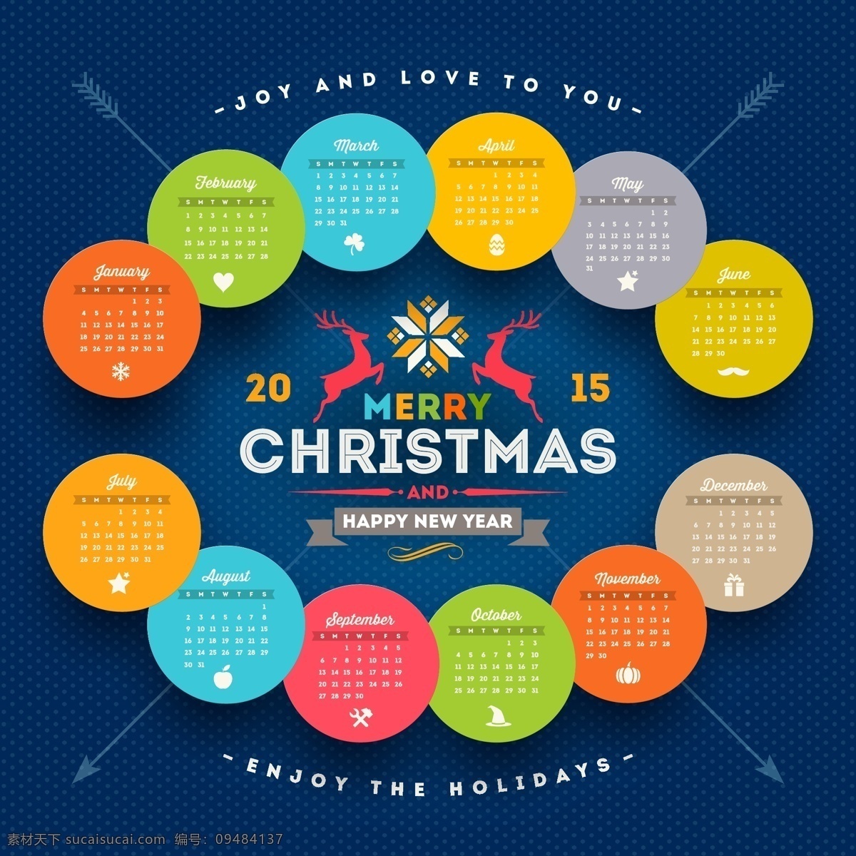 2015 彩色 圆形 贴纸 年历 merry 背景 剪纸 鹿 麋鹿 圣诞节 矢量图 雪花 2015年 chriatmas 其他矢量图