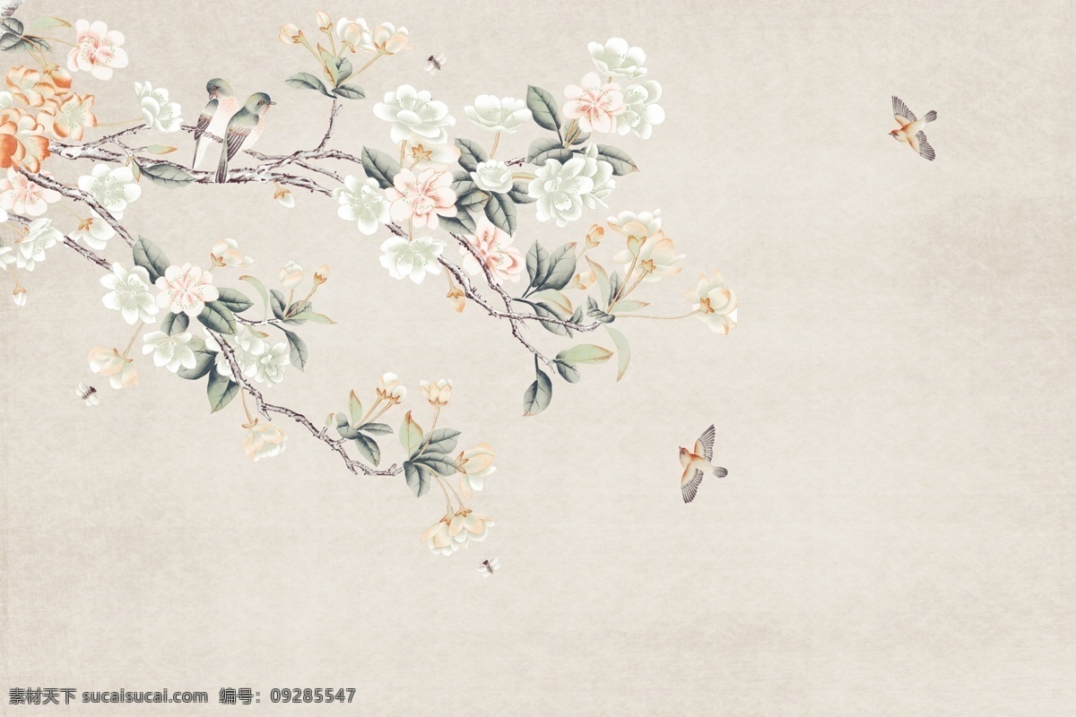手绘 花鸟 树 中式 玄关 屏风 背景 墙 底 底纹 创意