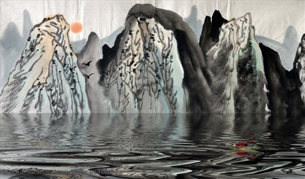 抽象山水 中式 中式山水 意境山水 山水背景 电视背景 抽象中式 抽象意境 意境 禅意 山水画 水墨画 墨迹 国画 山峰 远山 群山 渔船 红日 日出 飞鸟 山水 抽象 国画山水 新中式山水 几何 布艺 电视墙 背景墙 壁画 装饰画 新中式 分层