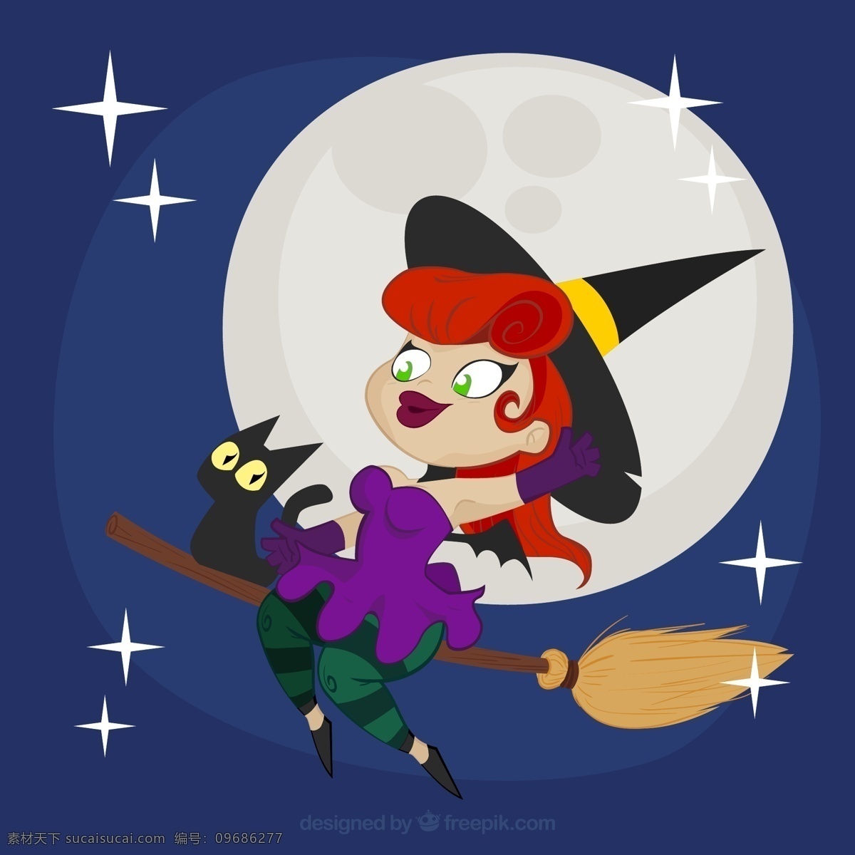 可爱 万圣节 女巫 插图 派对 猫 月亮 庆典 节日 晚上 恐怖 巫婆 邪恶的 可怕的 十月 可怕的诡计 对待 捣蛋 蓝色