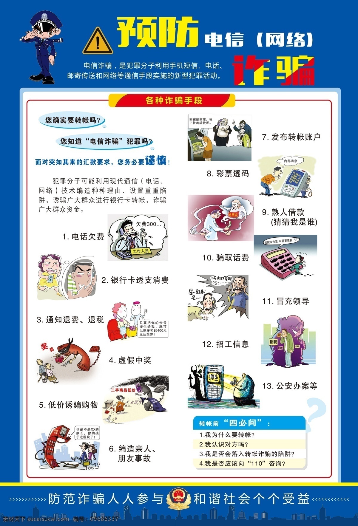 电信诈骗 网络 漫画 公安 卡通警察 徽 预防诈骗 诈骗手段 白色