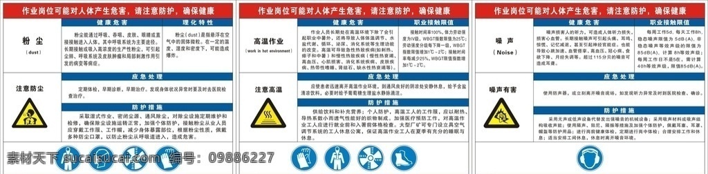 职业病警示 注意防尘 粉尘 注意粉尘 戴防尘口罩 注意通风 现代工业 职业危害告知 危险告知 高温 注意高温 健康危害 应急处理 注意防护 公共标识标志 标志图标 噪音危害告知 噪音 职业危害 告知牌 噪音危害 危害告知牌