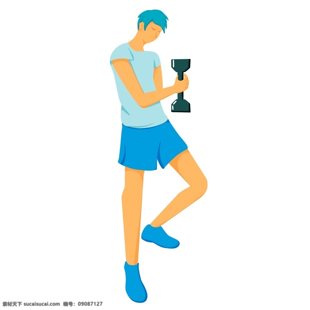 蓝色 衣服 人物 孩子 男子 健身 卡通 彩色 小清新 创意 插画 手绘 元素 现代 简约 装饰 图案