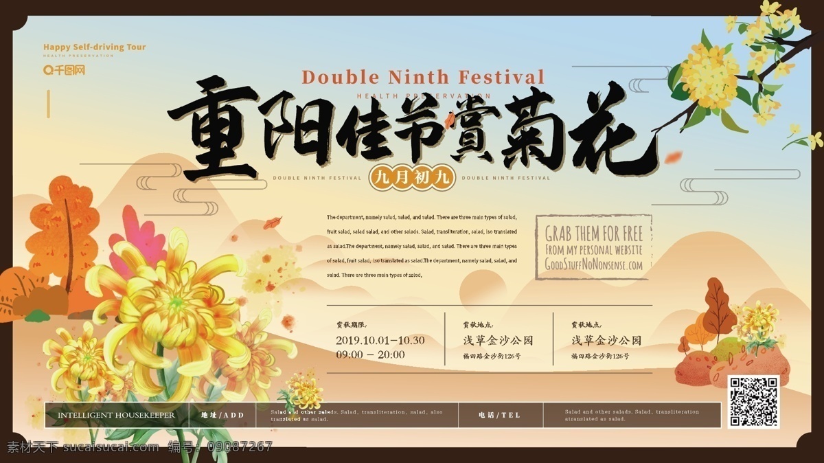简约 卡通 重阳节 赏 菊 主题 展板 秋季 菊花 赏菊 黄叶 桂花 传统佳节 节日展板展架