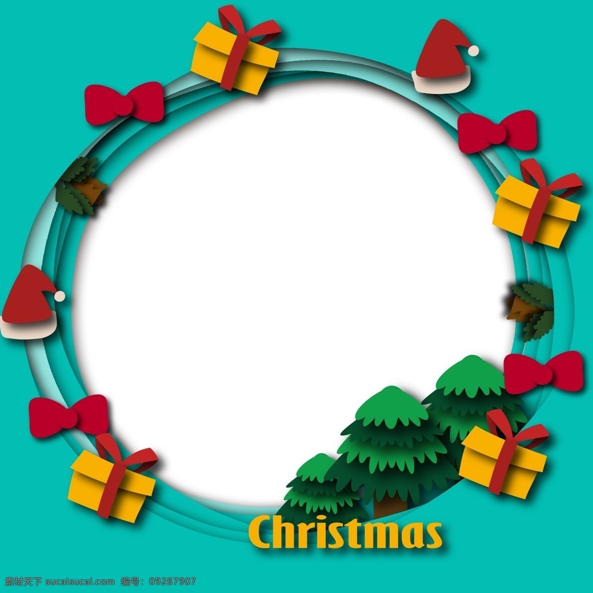 圣诞节 礼盒 边框 插画 手绘 黄色 红色的蝴蝶结 绿色 圣诞树 漂亮的边框