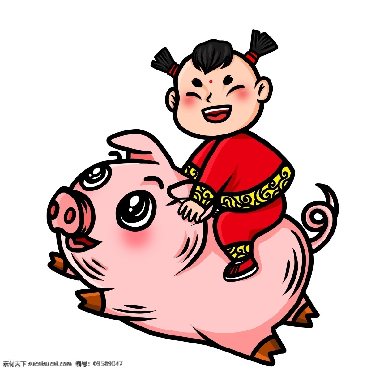 彩绘 骑 小 猪 中国娃娃 中国风 春节 小猪 插画 新年 猪年 年画娃娃 女娃娃 新春元素 卡通元素