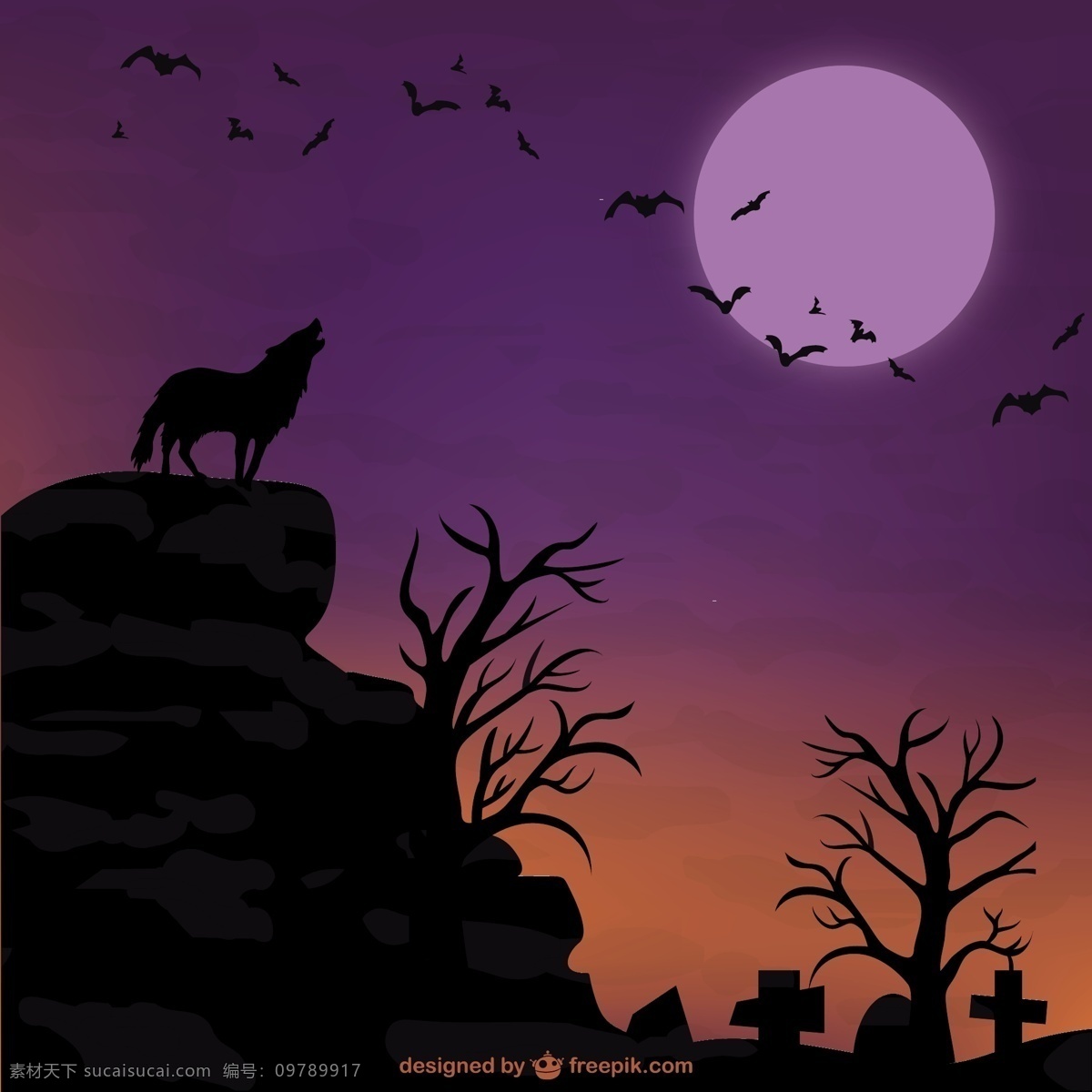 万圣 夜 荒野 背景 蝙蝠 枯树 狼 夜晚 月亮 矢量图 其他矢量图