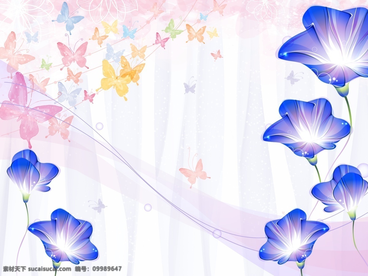花朵蝴蝶 花朵 蝴蝶 蓝紫 现代 背景墙 分层