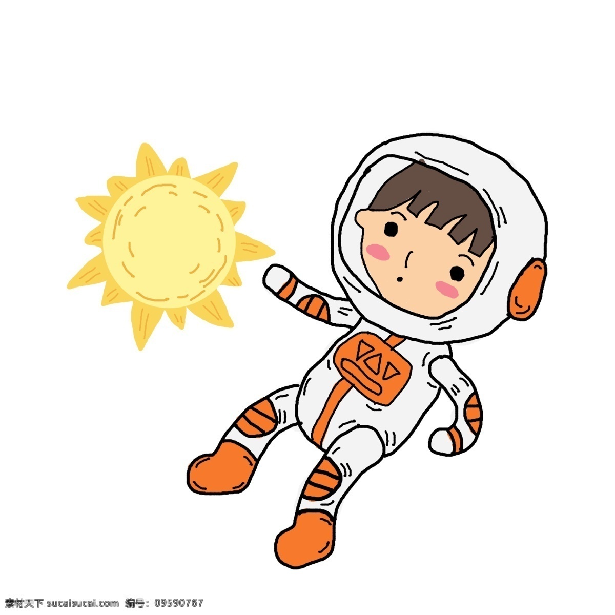 手绘 橙黄色 太空 太阳 小 男孩 小男孩 太空男孩 太空舱 宇宙 星星 行星 漂浮 冒险 飞船 外星人 宇宙冒险